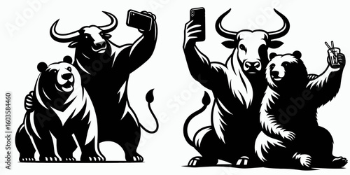 Bull and bear taking selfie. Retro Cartoon Clipart Silhouette Stock Vector Line Art Illustration. Ox bruin snapshot market icon picture together.