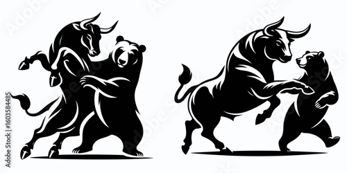 Bull and bear waltzing gracefully. Retro Cartoon Clipart Silhouette Stock Vector Line Art Illustration. market duo a rising animal down animal moving with elegance.