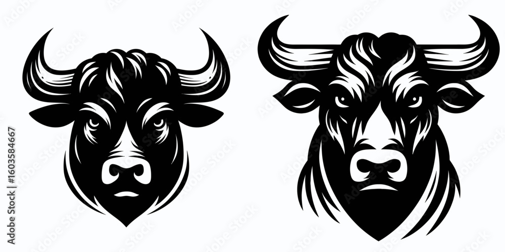 Obraz premium Bull glaring eyes intense. Retro Cartoon Clipart Silhouette Stock Vector Line Art Illustration. Strong bovine piercing gaze a potent and wild animal with vivid keen vision.