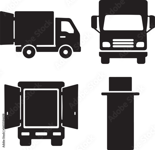 open door semi truck silhouette icons set side, front, back, and top views vector art illustration