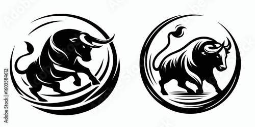 Bull circling opponent slowly. Retro Cartoon Clipart Silhouette Stock Vector Line Art Illustration. Bovine going around rival gradually a looming threat in the arena.
