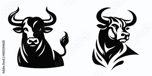 Bull facing viewer alert. Retro Cartoon Clipart Silhouette Stock Vector Line Art Illustration. Bovine staring forward warning notice announcement danger caution sign.