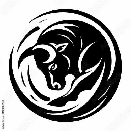 Bull circling opponent slowly. Retro Cartoon Clipart Silhouette Stock Vector Line Art Illustration. Large bovine moving around rival gradually a danger behavior.
