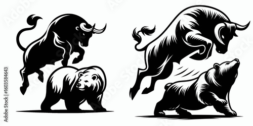 Bull flipping bear over. Retro Cartoon Clipart Silhouette Stock Vector Line Art Illustration. Market upturn trouncing decline an economy change impacting investment.