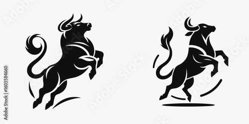 Bull flipping tail high. Retro Cartoon Clipart Silhouette Stock Vector Line Art Illustration. Bovine elevating rear appendage aloft indication joyful mood positive sign.