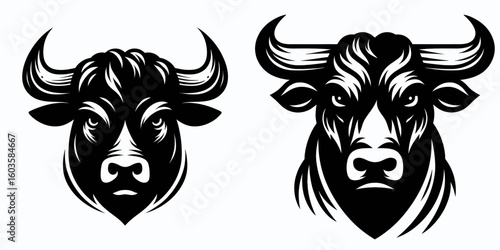 Bull glaring eyes intense. Retro Cartoon Clipart Silhouette Stock Vector Line Art Illustration. Strong bovine piercing gaze a potent and wild animal with vivid keen vision.