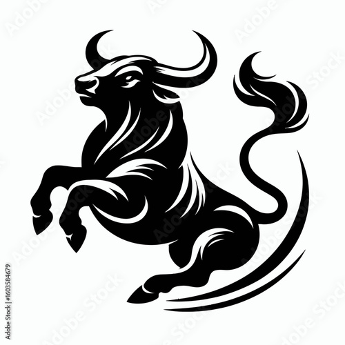 Bull flipping tail high. Retro Cartoon Clipart Silhouette Stock Vector Line Art Illustration. Bovine animal raising rump upward indicating positive emotion.