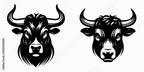 Bull glaring eyes intense. Retro Cartoon Clipart Silhouette Stock Vector Line Art Illustration. Bovine staring hard animal showing strong emotion powerful sight.