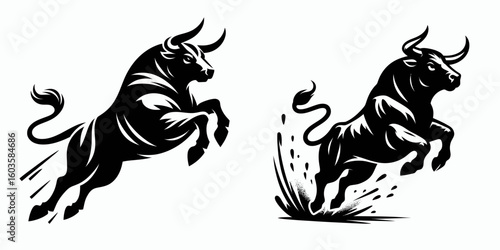 Bull jumping midair dynamic. Retro Cartoon Clipart Silhouette Stock Vector Line Art Illustration. Bovine leaping airborne vigor potent motion animal activity powerful energy.