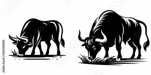 Bull grazing peacefully ground. Retro Cartoon Clipart Silhouette Stock Vector Line Art Illustration. Bovine eating calmly earth countryside scene farm animal meadow forage.