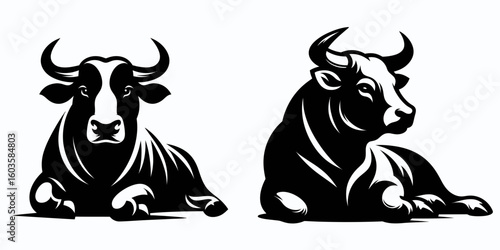 Bull resting lying down. Retro Cartoon Clipart Silhouette Stock Vector Line Art Illustration. Bovine at peace prone on land calm cattle during break relaxation.