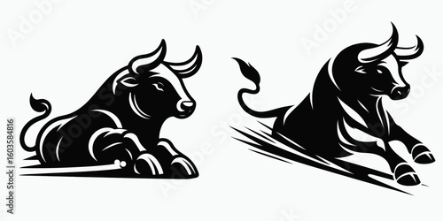 Bull sliding hooves stop. Retro Cartoon Clipart Silhouette Stock Vector Line Art Illustration. Bovine animal slipping limb halt farm creature footing block.