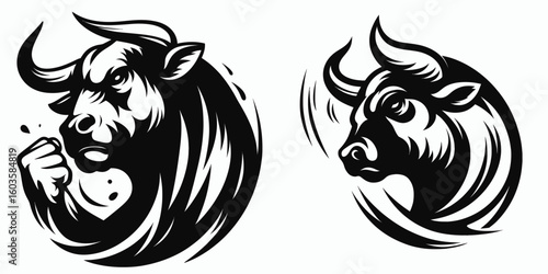 Bull shaking head aggressively. Retro Cartoon Clipart Silhouette Stock Vector Line Art Illustration. Bovine animal veto motion showing extreme refusal potent denial.