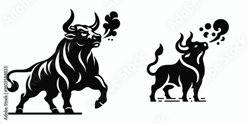 Bull snorting steam upward. Retro Cartoon Clipart Silhouette Stock Vector Line Art Illustration. Bovine exhaling vapor high a heated mammal trait.