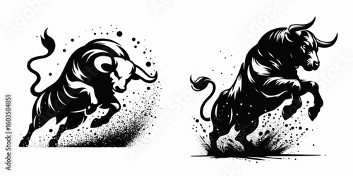 Bull stamping hoof dust. Retro Cartoon Clipart Silhouette Stock Vector Line Art Illustration. Bovine paw pounding dirt cloud a scene of rural power and animal action.