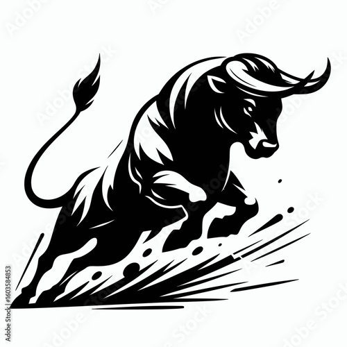Bull sliding hooves stop. Retro Cartoon Clipart Silhouette Stock Vector Line Art Illustration. Large farm animal skidding foot cease bovine slipping toe halt on ground.