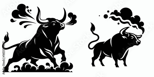 Bull snorting steam upward. Retro Cartoon Clipart Silhouette Stock Vector Line Art Illustration. Bovine animal exhaling vapor high a breathy draft from farm creature.