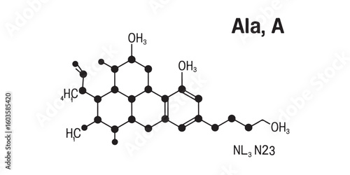 A chemical structure diagram with benzene rings and hydroxyl groups on a white background with text
