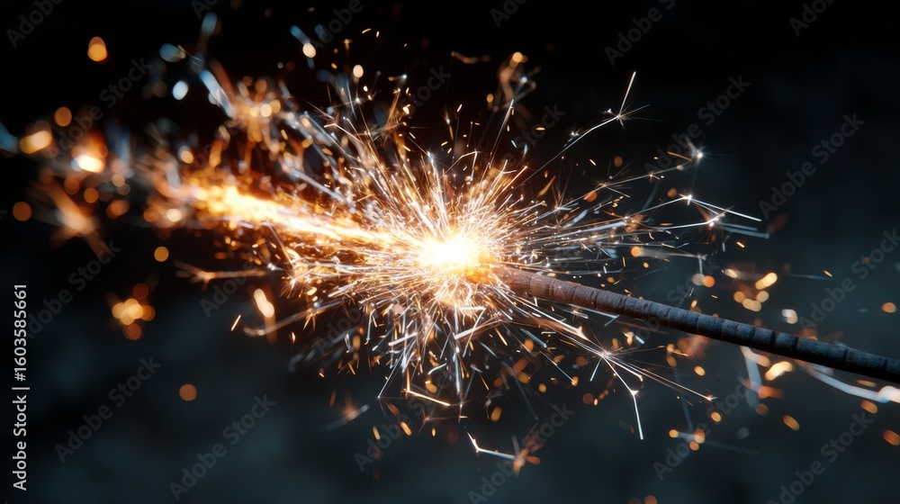 Fototapeta premium Close-Up of a Sparkler Producing Bright Sparks in Darkness for Celebrations and Festivities