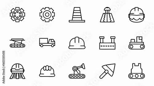 Construction industry icons set vector design elements engineering safety work tools and machines outline style