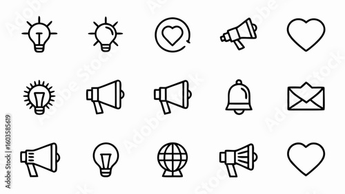 Marketing promotion icons set vector design light bulb megaphone email notification heart global communication