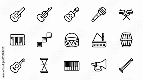 Musical instruments vector icon set guitar piano violin drum microphone horn and more for music lovers design