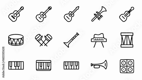 Vector musical instruments illustration featuring guitar drum piano trumpet and other music equipment icons