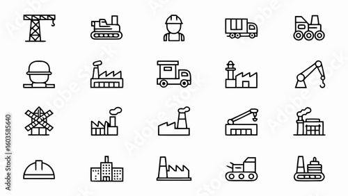 Construction industry icons vector set industrial equipment and machinery factory and building icons set