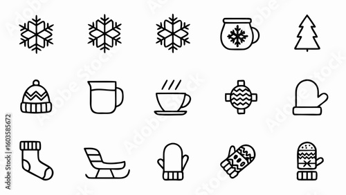 Winter christmas holiday vector icons set snowflakes hot drinks tree hat mitten sock sled and ornament design