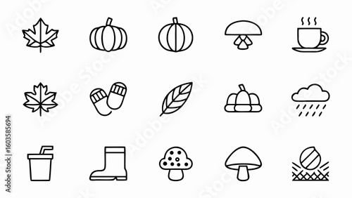 Autumn season vector icon set including leaves pumpkins mushrooms rain boots and cozy elements line art style