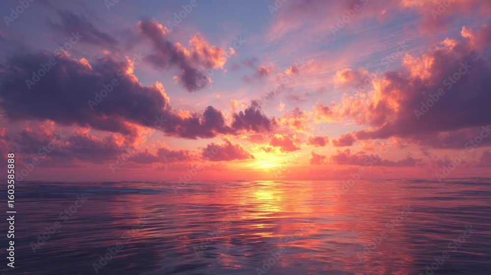 Fototapeta premium Breathtaking Sunset Over Tranquil Ocean Reflected in Water with Colorful Clouds Illuminated by Evening Light