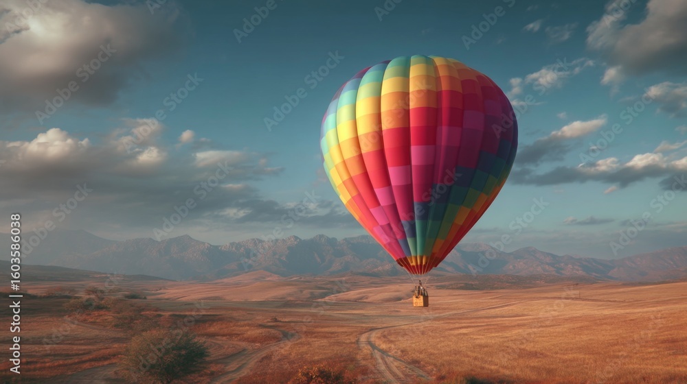 Fototapeta premium Colorful Hot Air Balloon Floating Above Serene Landscape with Mountains and Clouds in Clear Blue Sky