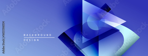 Abstract blue design features overlapping geometric shapes. Gradient colors create depth, modern aesthetic. Minimal text present.