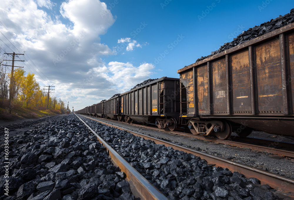 Obraz premium Freight train cars are loaded with black coal on a sunny day in a rural setting