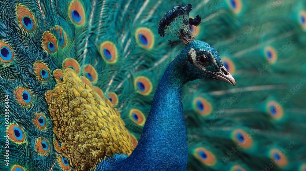 Fototapeta premium Colorful and Majestic Peacock Displaying Its Vibrant Plumage with Iridescent Feathers in Nature