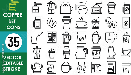 35 editable stroke coffee icons including mugs, beans, cups, grinders, coffee makers, takeaway cups, espresso machines, French press, percolators, and brewing tools
