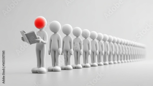 A red-headed figure reads a book, standing out from a long line of identical, expressionless white figures.