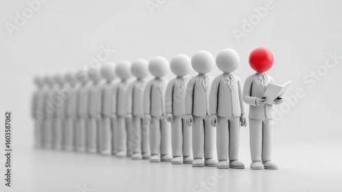 Row of identical gray figures with one red-headed figure standing out, holding a tablet, symbolizing leadership or uniqueness.