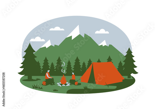 A camping scene with people by a fire tent trees and mountains
