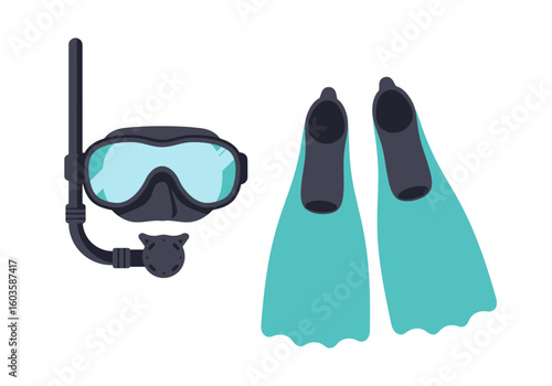 A mask snorkel and pair of flippers on a white background