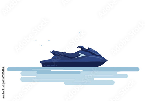 A navy blue jet ski glides on stylized blue water with small birds in the sky