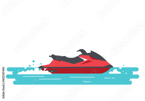 A red jet ski rides across blue water with some white foam
