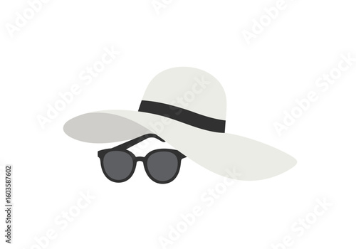 A white sunhat with a black band and dark sunglasses on a white background