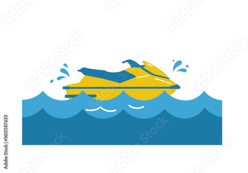 A yellow jet ski in blue water with white waves creating a fun marine scene
