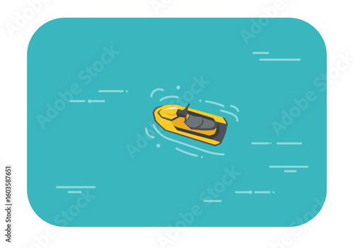 A yellow personal watercraft on blue water surrounded by white water splashes