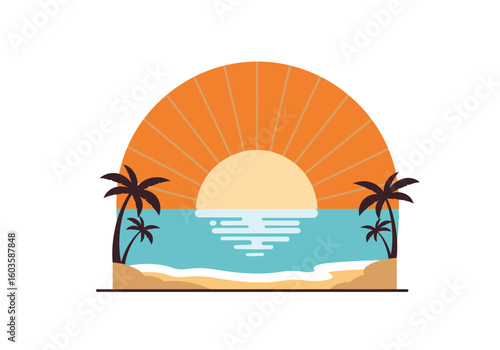 Beach scene with orange sunburst palm trees sand and blue water on a white background