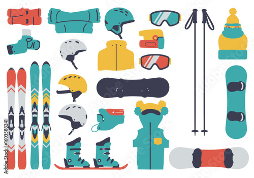 Colorful winter sports equipment including skis snowboards helmets goggles boots jackets poles mittens and a hat