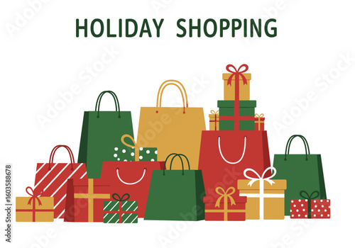 Festive shopping colorful gift boxes and shopping bags arranged against a white background