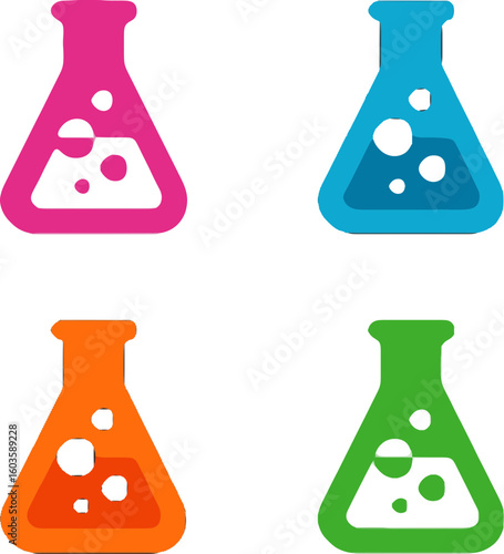 colorful erlenmeyer flask icons with white bubbles and liquid