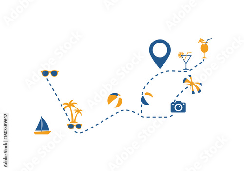Travelthemed icons depict a dotted route of leisure activities blending fun  exploration
